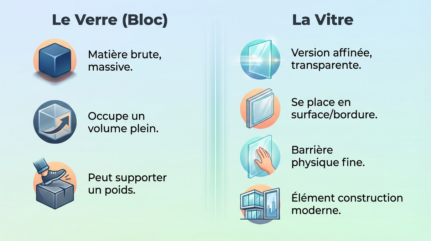 Comparaison visuelle entre l'épaisseur d'un bloc de verre et une vitre dans Minecraft