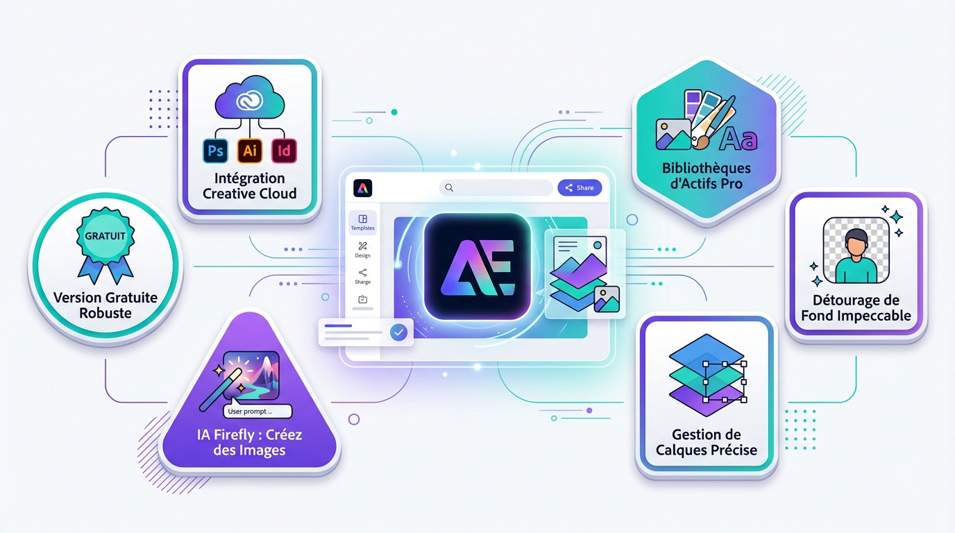 Interface de création Adobe Express avec outils d'intelligence artificielle Firefly et modèles professionnels
