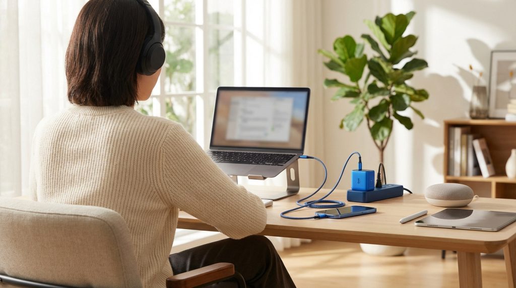 Femme de dos avec casque devant un laptop sur un bureau en bois clair, entourée d'équipements tech : chargeur, smartphone, tablette, enceinte.