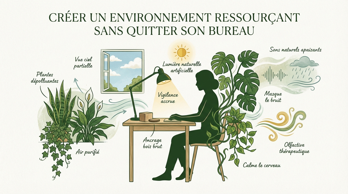 Bureau professionnel végétalisé avec lumière naturelle et plantes dépolluantes