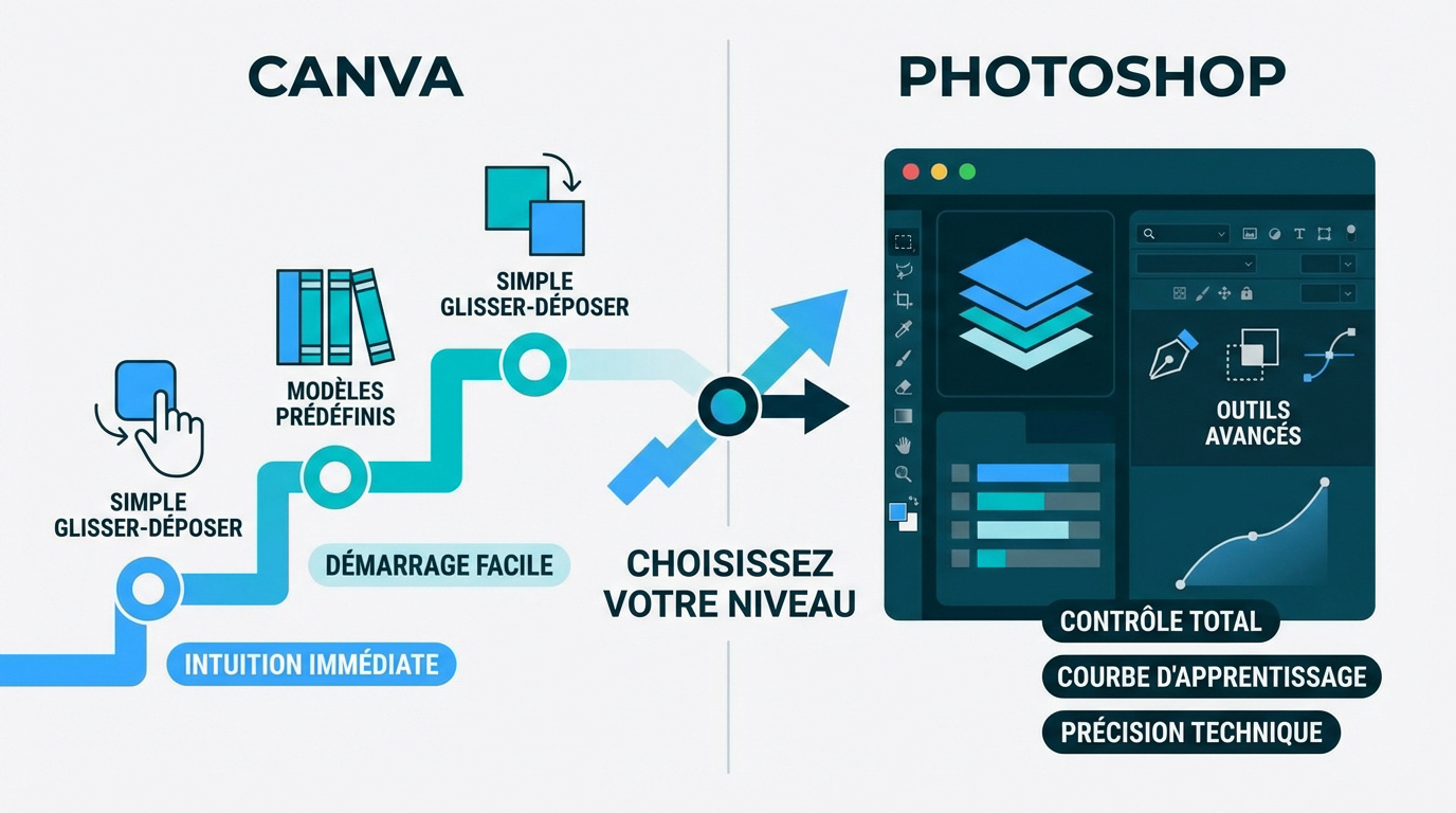 Comparatif entre l'interface simplifiée de Canva et les outils experts de Photoshop