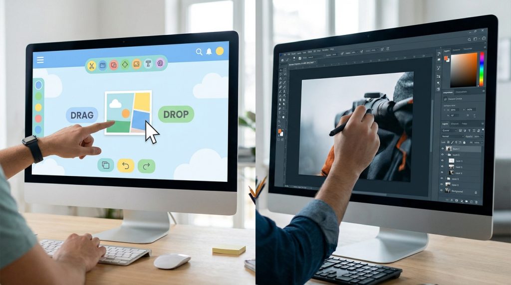 Deux écrans d'ordinateur montrant des interfaces de design graphique. L'un est simple (glisser-déposer), l'autre est professionnel (retouche photo).