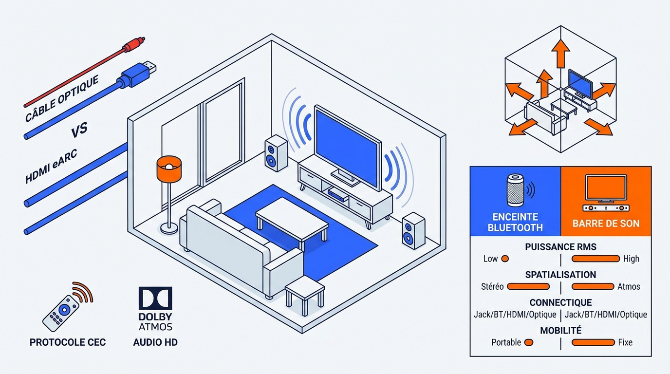 Comparaison technique entre une barre de son HDMI eARC et une enceinte Bluetooth nomade