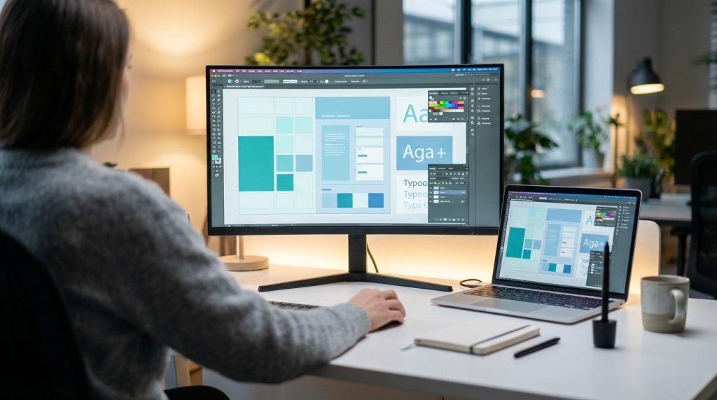 Vue de dos d'une designer utilisant un double écran pour créer des designs. Les écrans affichent des interfaces de conception graphique.