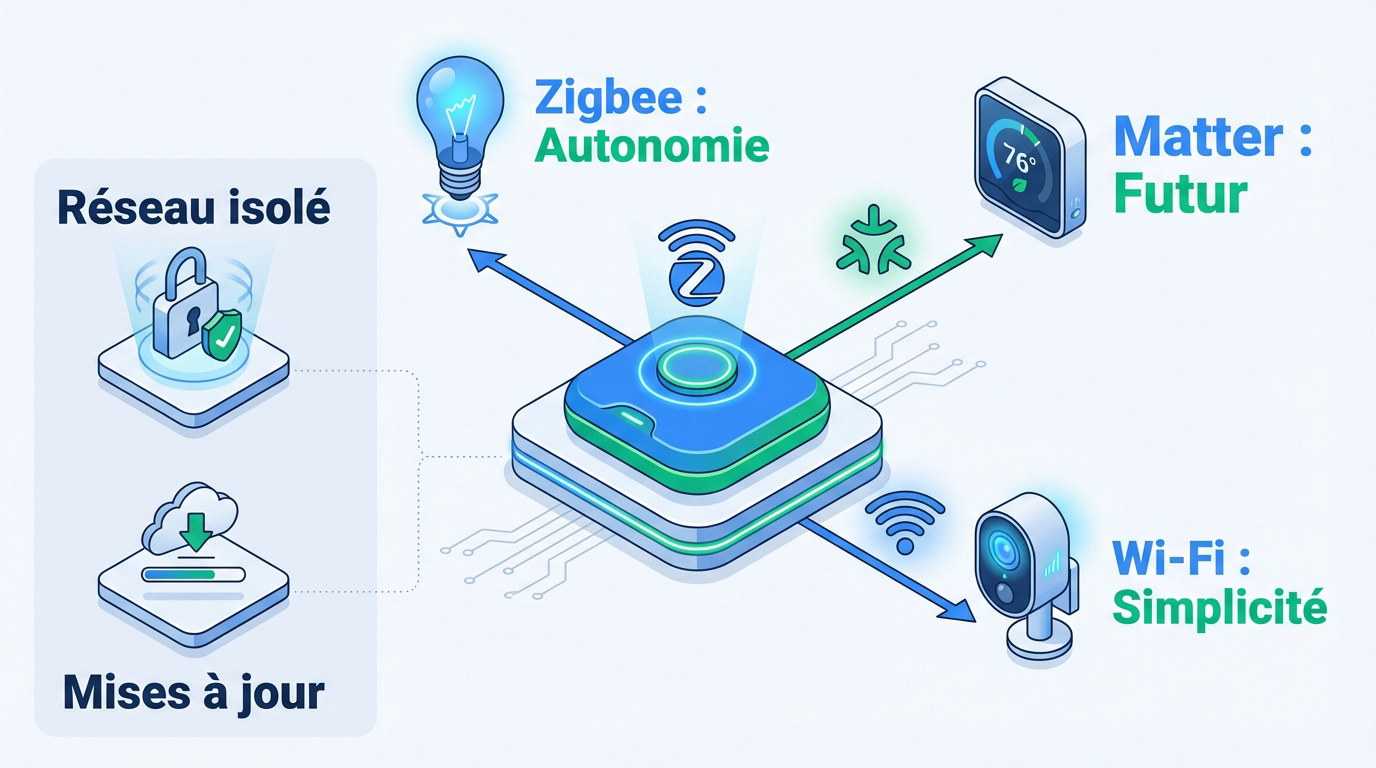 Schéma de l'écosystème maison intelligente avec les protocoles Zigbee Wi-Fi et Matter