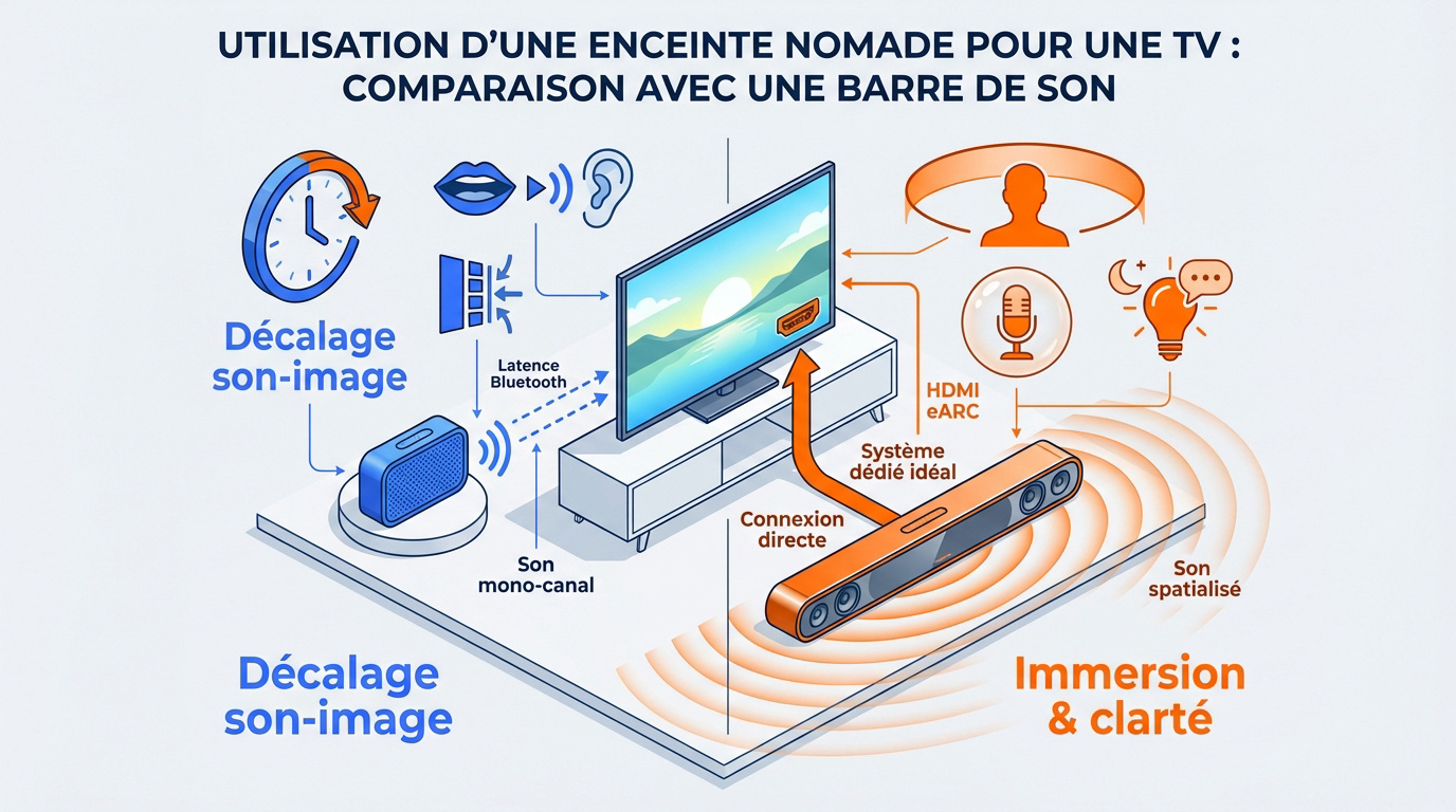 Barre de son sous un téléviseur vs enceinte Bluetooth nomade