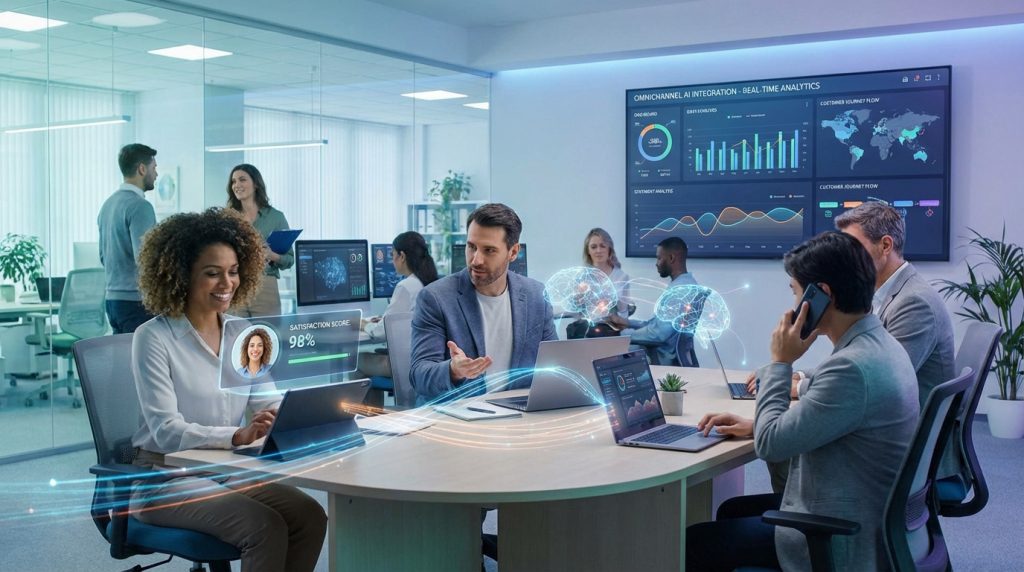 Professionnels utilisant l'IA et l'omnicanal en bureau. Écran géant d'analyse temps réel, AR de score satisfaction client.