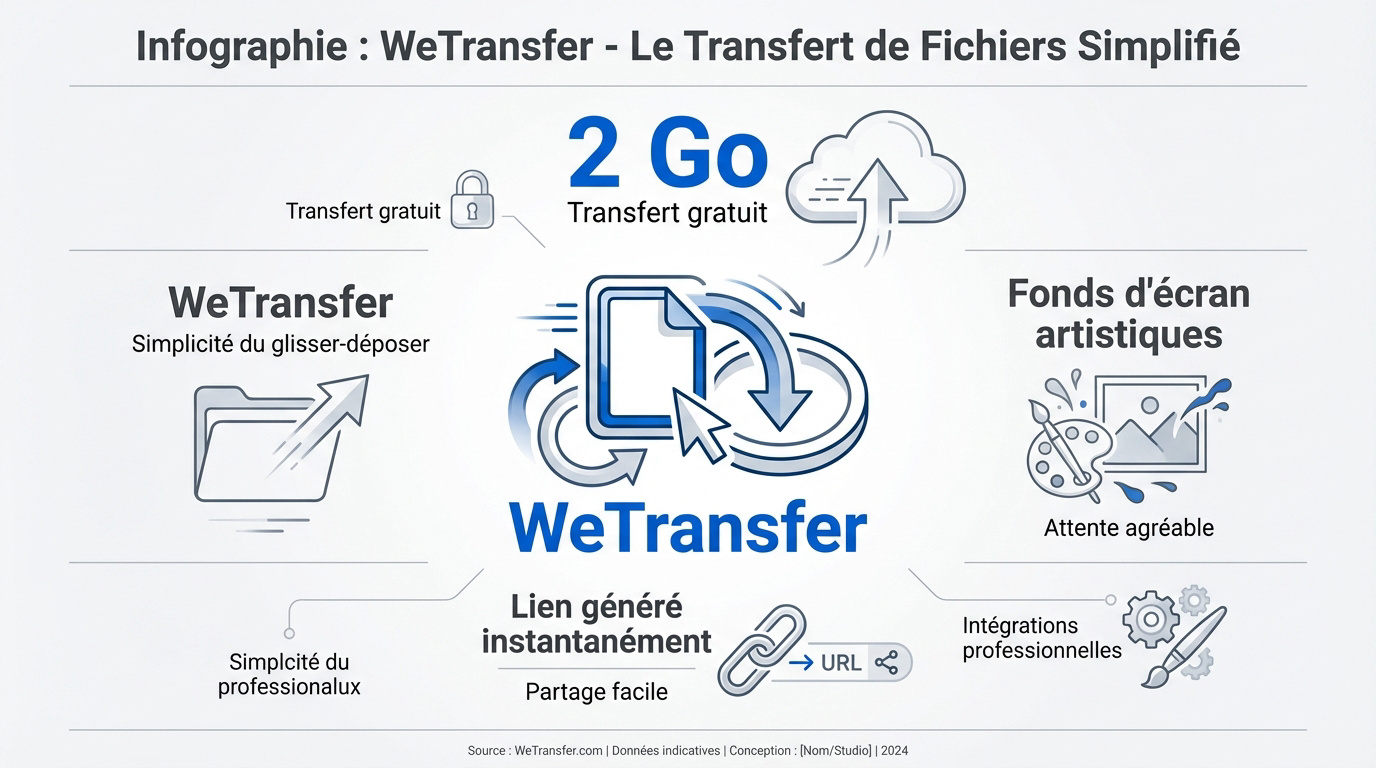 Infographie expliquant le fonctionnement simple du transfert de fichiers avec WeTransfer