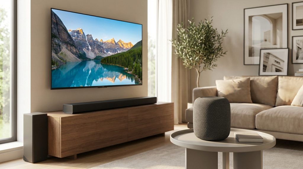 Salon moderne avec TV murale affichant un paysage, une barre de son avec subwoofer et une enceinte Bluetooth grise sur table basse.