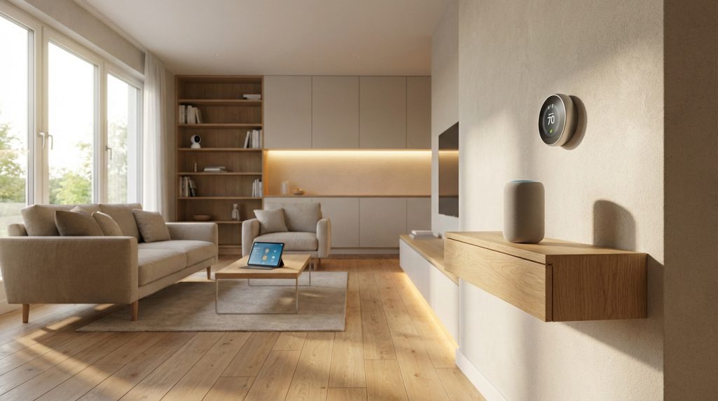 Un salon moderne et lumineux aux tons clairs avec divers accessoires domotiques : thermostat mural, enceinte connectée et tablette.