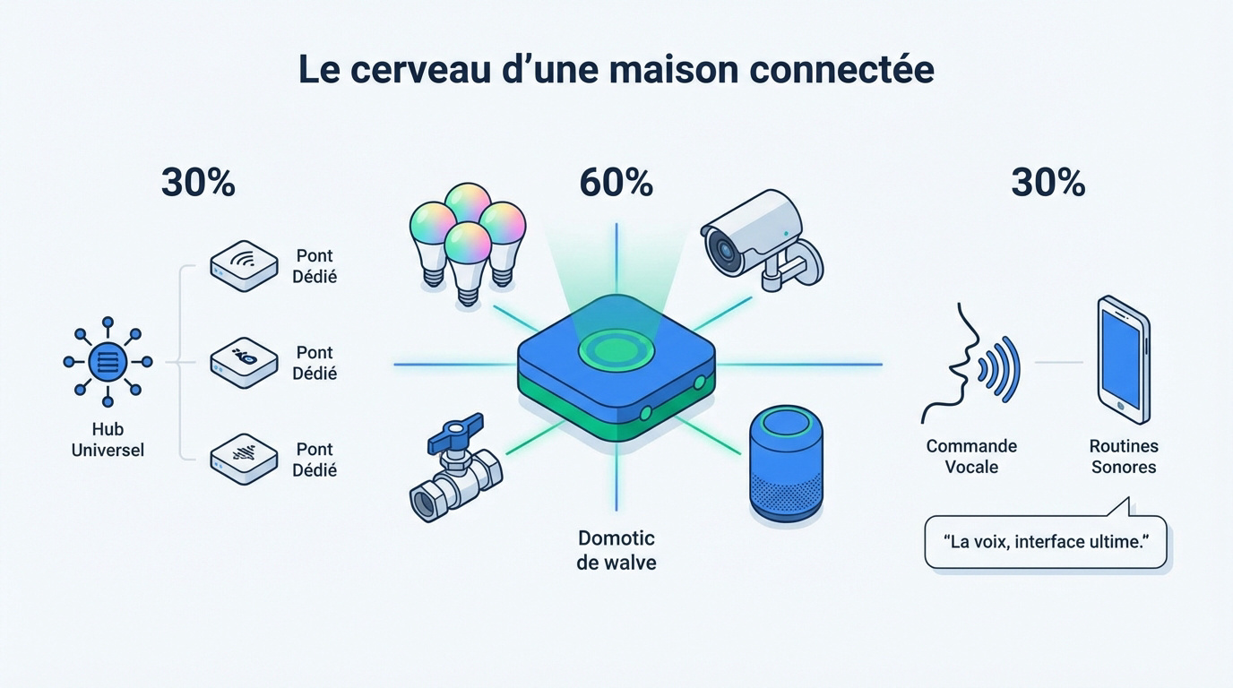 Schéma centralisant une box domotique entourée de capteurs et d'objets connectés