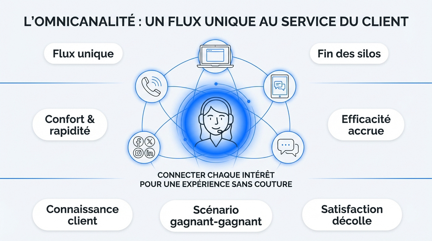 Schéma de l'omnicanalité montrant la fusion des canaux de communication client