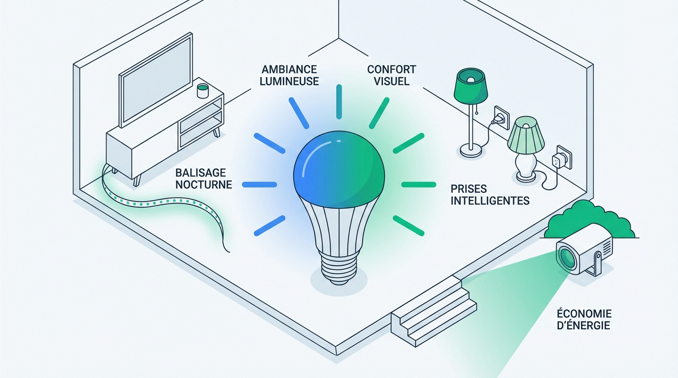 Installation d'ampoules et prises connectées dans un salon moderne