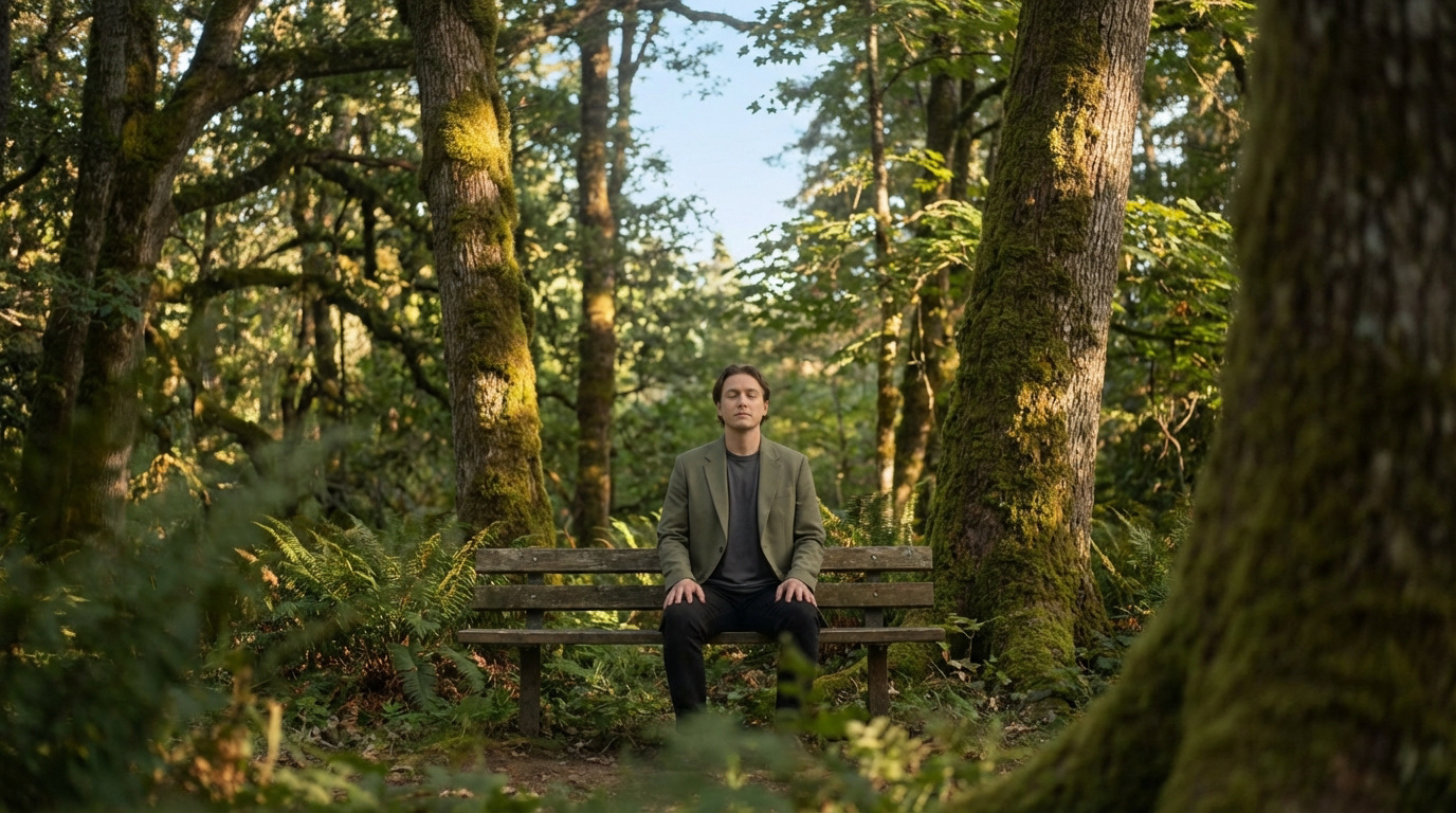 Un homme en veste verte médite, les yeux fermés, sur un banc en bois dans une forêt luxuriante et ensoleillée. Ambiance paisible.