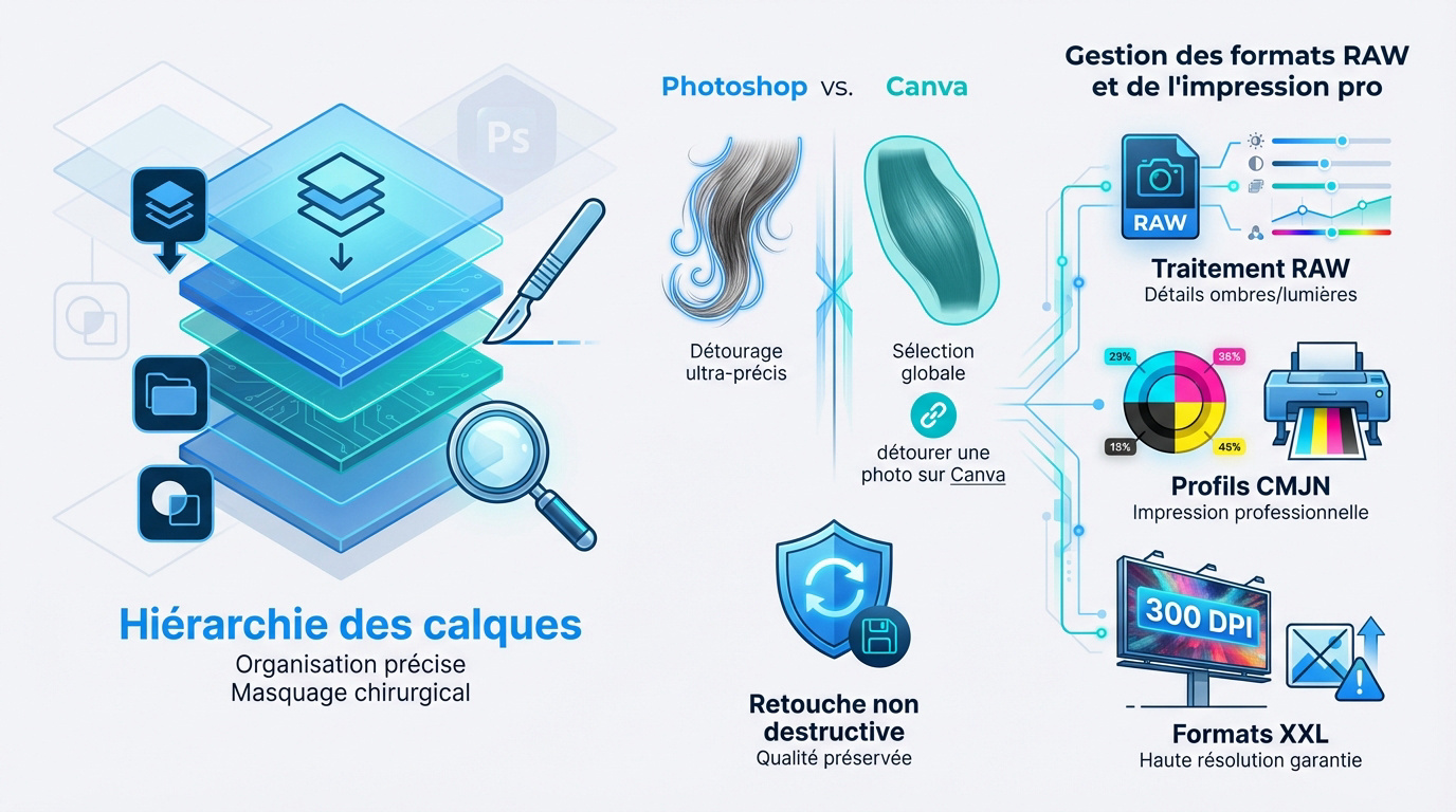 Comparaison technique entre l'interface de Photoshop et les outils de Canva