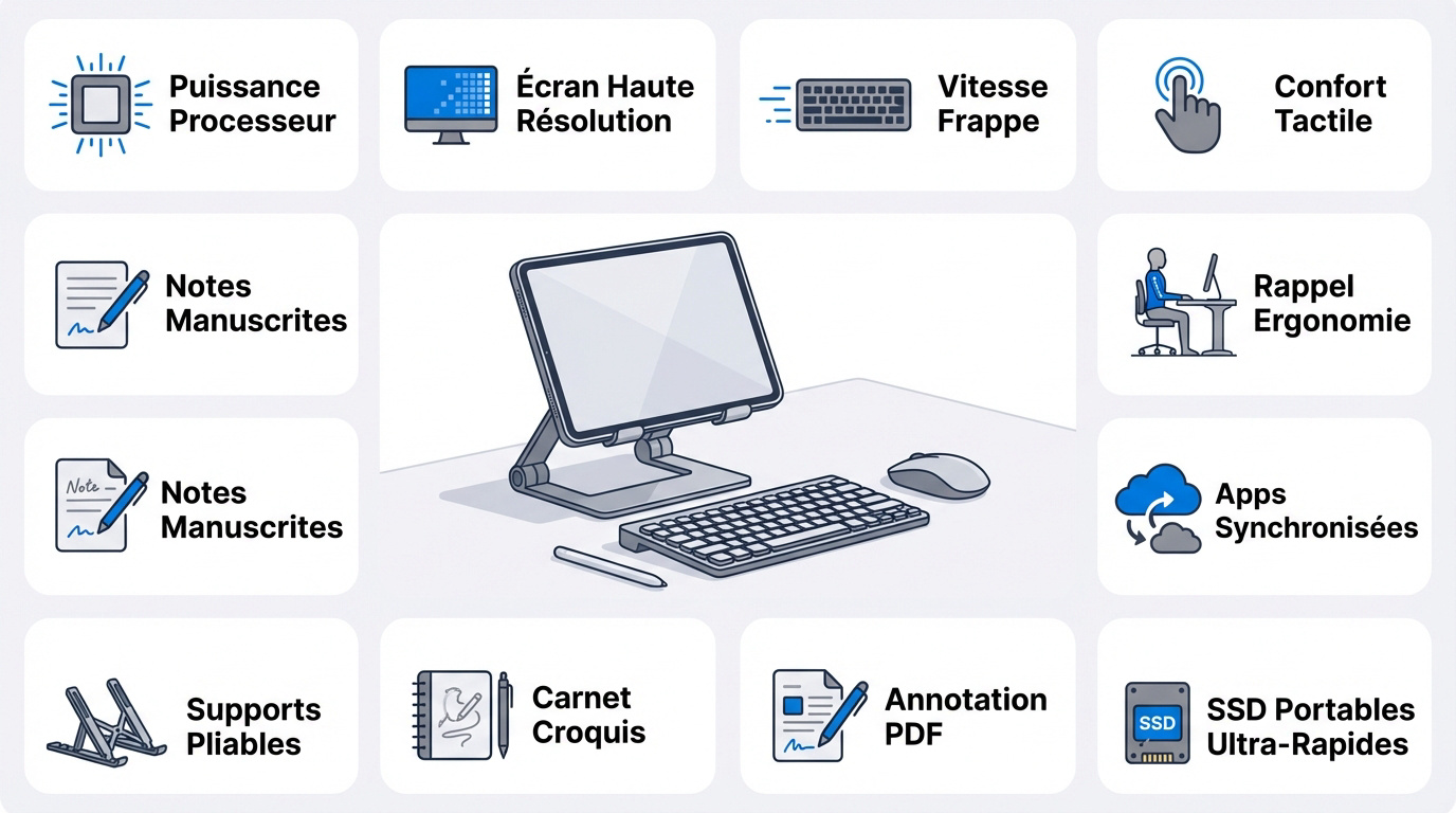 Poste de travail moderne avec tablette clavier et accessoires ergonomiques pour la productivité