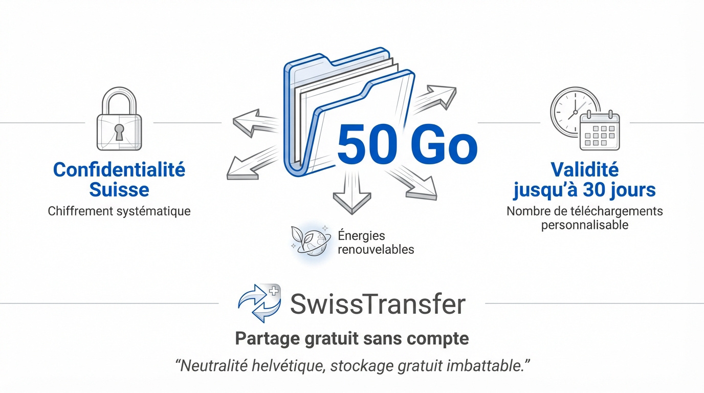 Interface de SwissTransfer pour envoyer de gros fichiers jusqu'à 50 Go gratuitement