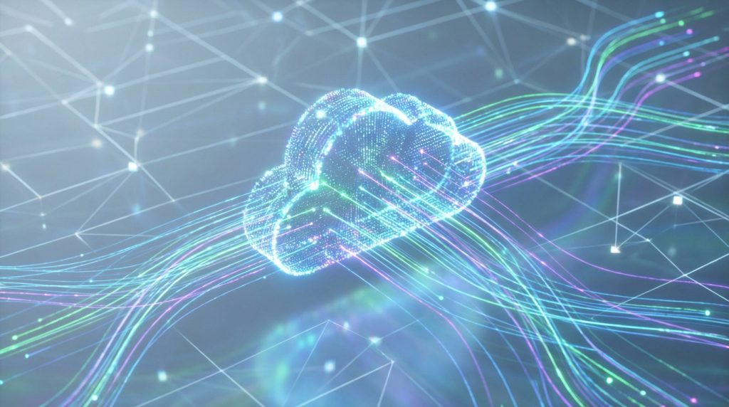 Icône de nuage lumineux et pixelisé recevant et envoyant des flux de données colorés sur un fond de réseau numérique.