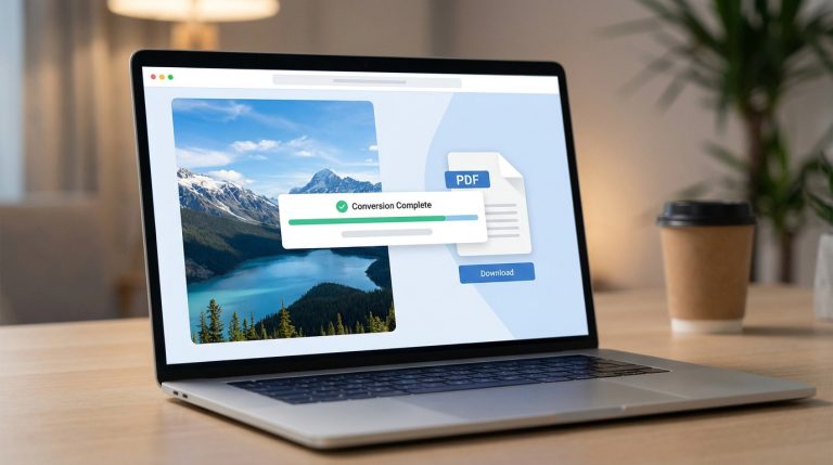 Ordinateur portable sur un bureau affichant une conversion d'image en PDF réussie. Un paysage de montagne est converti en document PDF prêt à télécharger.