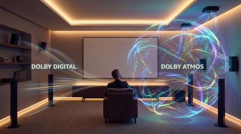 Visualisation de la différence entre le son Dolby Digital (gauche) et Dolby Atmos (droit) dans un home cinéma moderne.