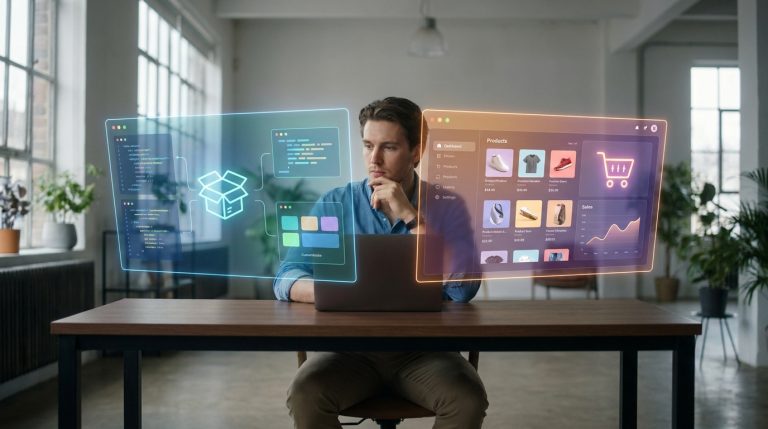 Homme regardant des interfaces holographiques comparant le code (WordPress) et un tableau de bord e-commerce (Shopify).