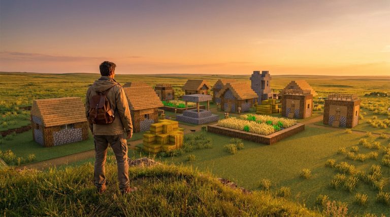 Un homme avec un sac à dos contemple un village de style Minecraft en blocs, sous un ciel orangé de coucher de soleil, dans une vaste prairie.