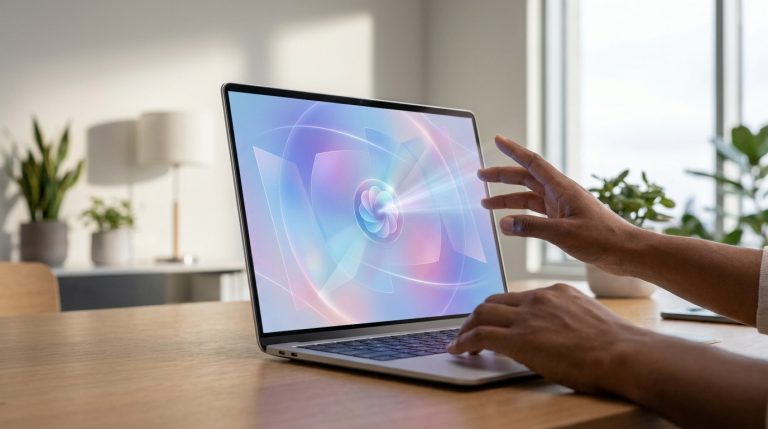 Personne explorant un design abstrait et coloré sur un écran tactile de portable. Une main touche l'écran, l'autre est sur le clavier.