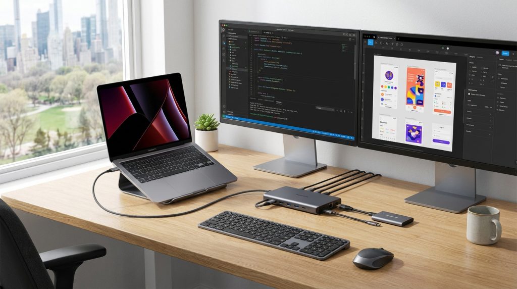 Bureau moderne avec ordinateur portable, deux écrans, clavier, souris et station d'accueil USB-C connectée.