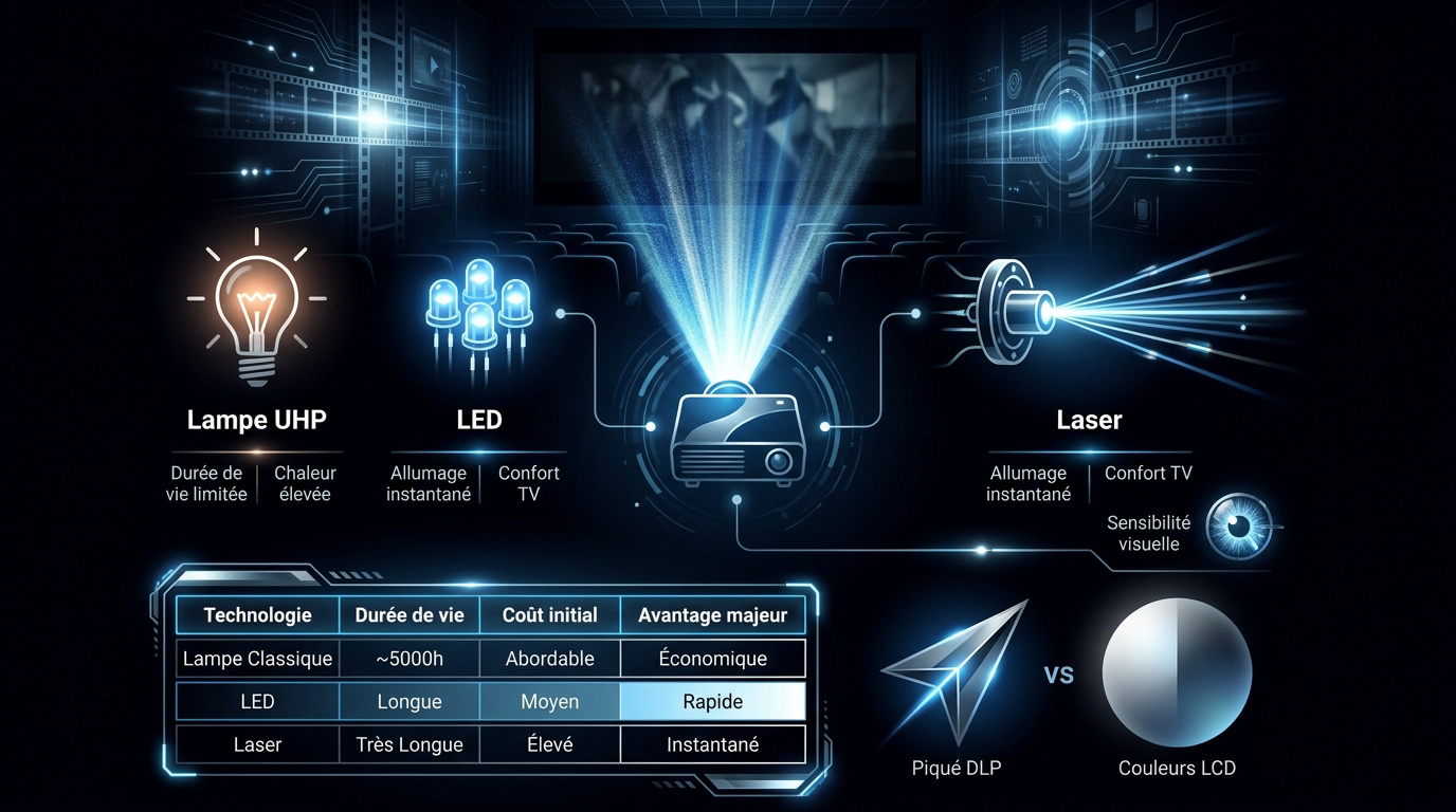 Comparaison visuelle des technologies de projection DLP, LCD et Laser