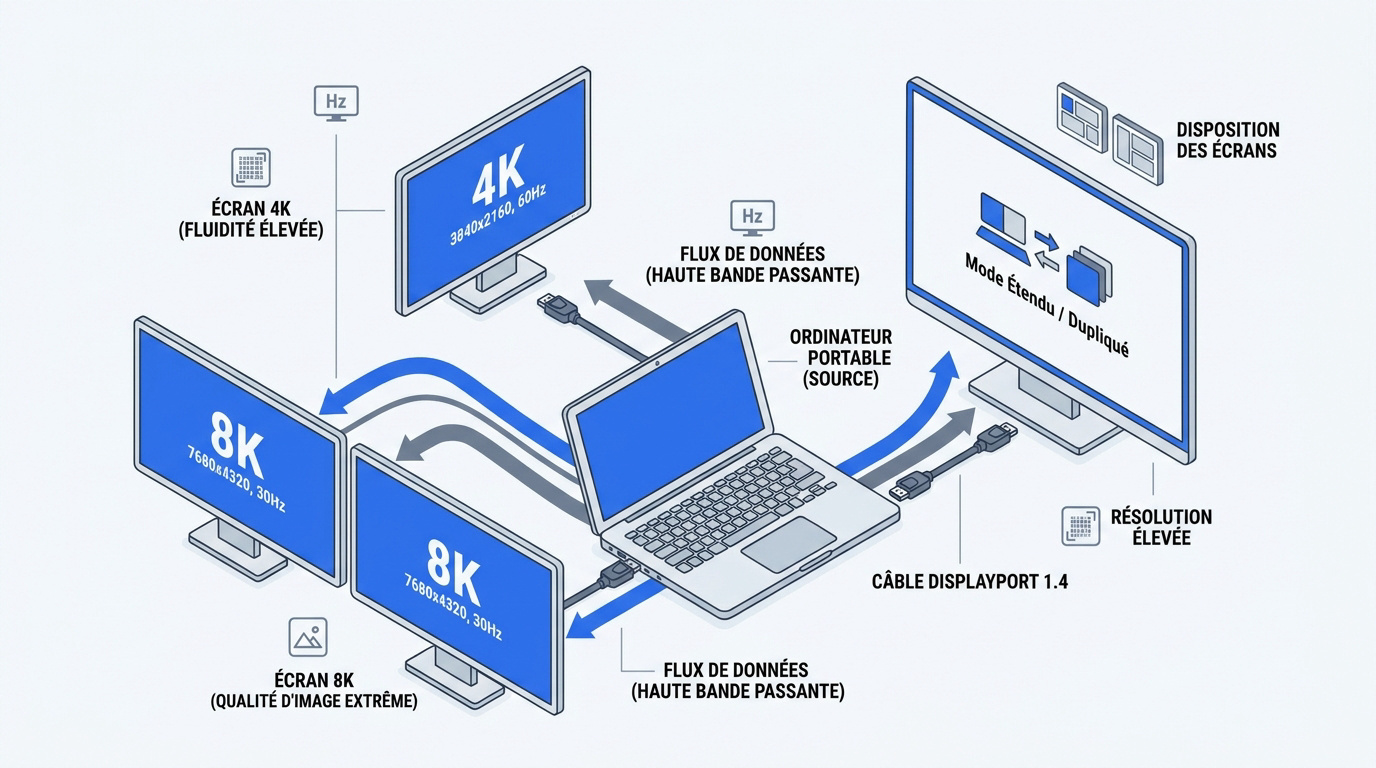 Schéma de connexion multi-écrans 4K et 8K via une station d'accueil avec ports DisplayPort 1.4