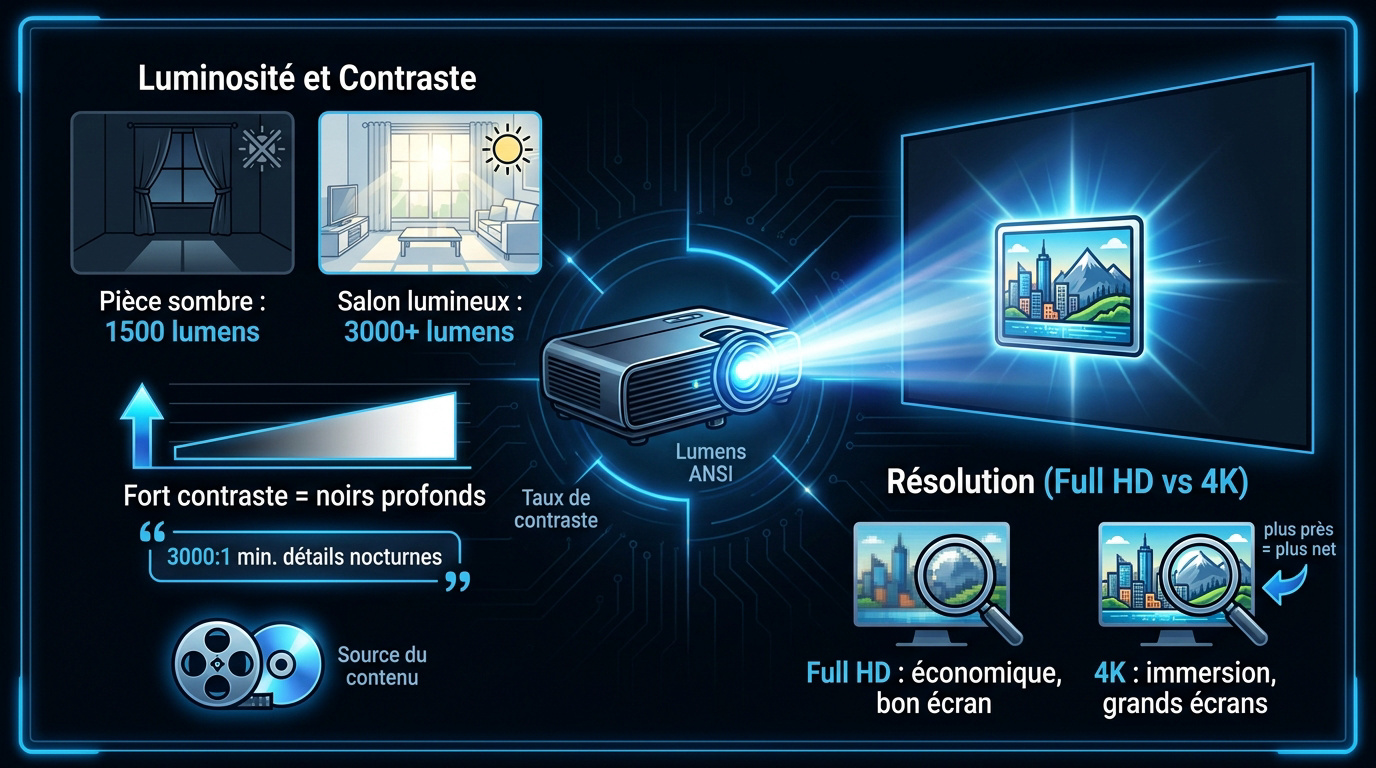 Schéma explicatif sur la luminosité le contraste et la résolution d'un vidéoprojecteur