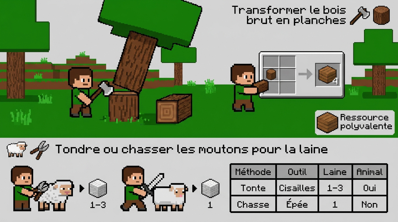 Récolte de bois et de laine pour fabriquer un lit dans Minecraft