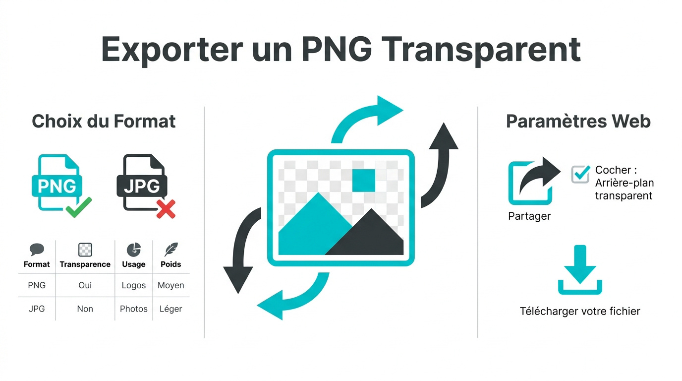 Infographie expliquant comment exporter un fichier PNG avec fond transparent sur Canva
