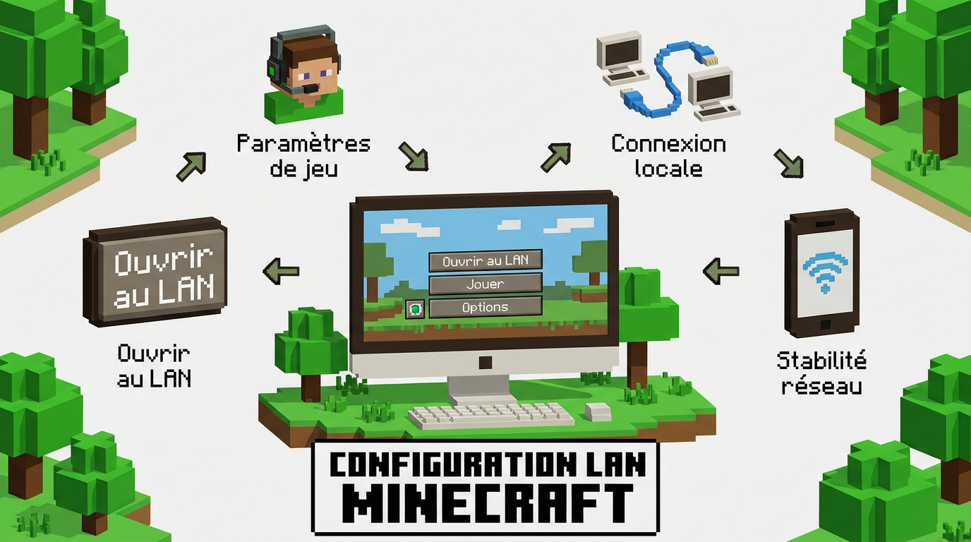 Infographie expliquant comment configurer une partie Minecraft en réseau local LAN