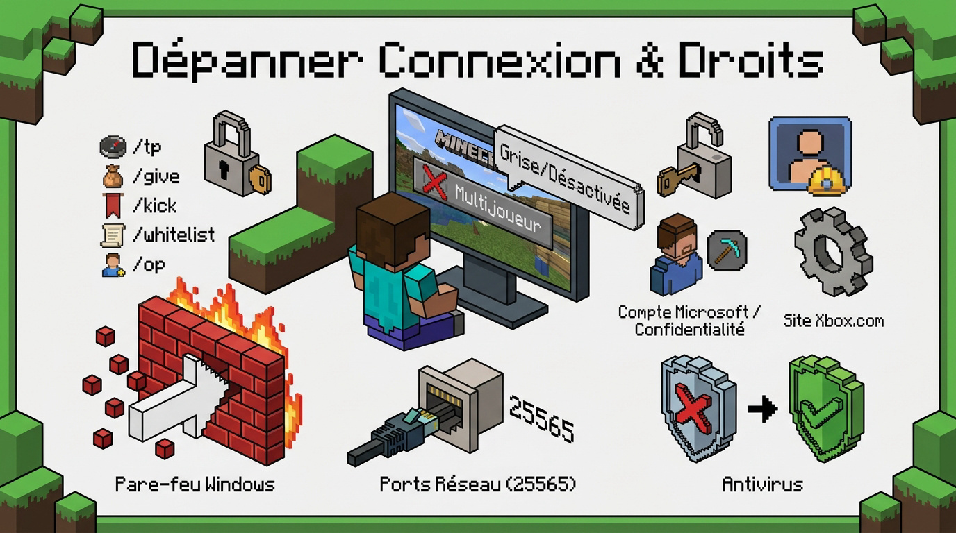 Infographie expliquant le dépannage de connexion et la gestion des droits sur Minecraft
