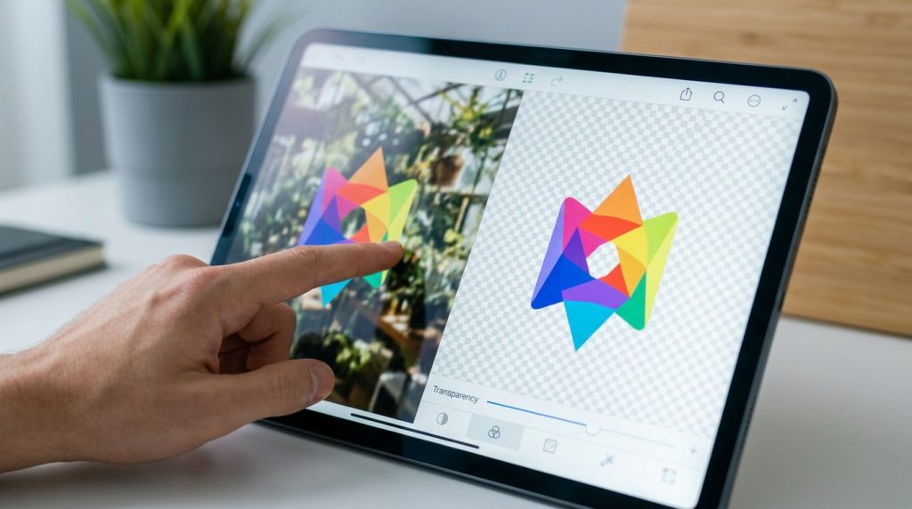 Une main utilisant une tablette tactile pour supprimer le fond d'une image avec un motif en damier transparent.