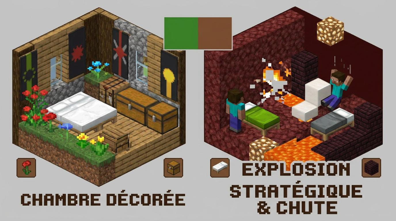 Chambre Minecraft décorée avec un lit coloré et des coffres