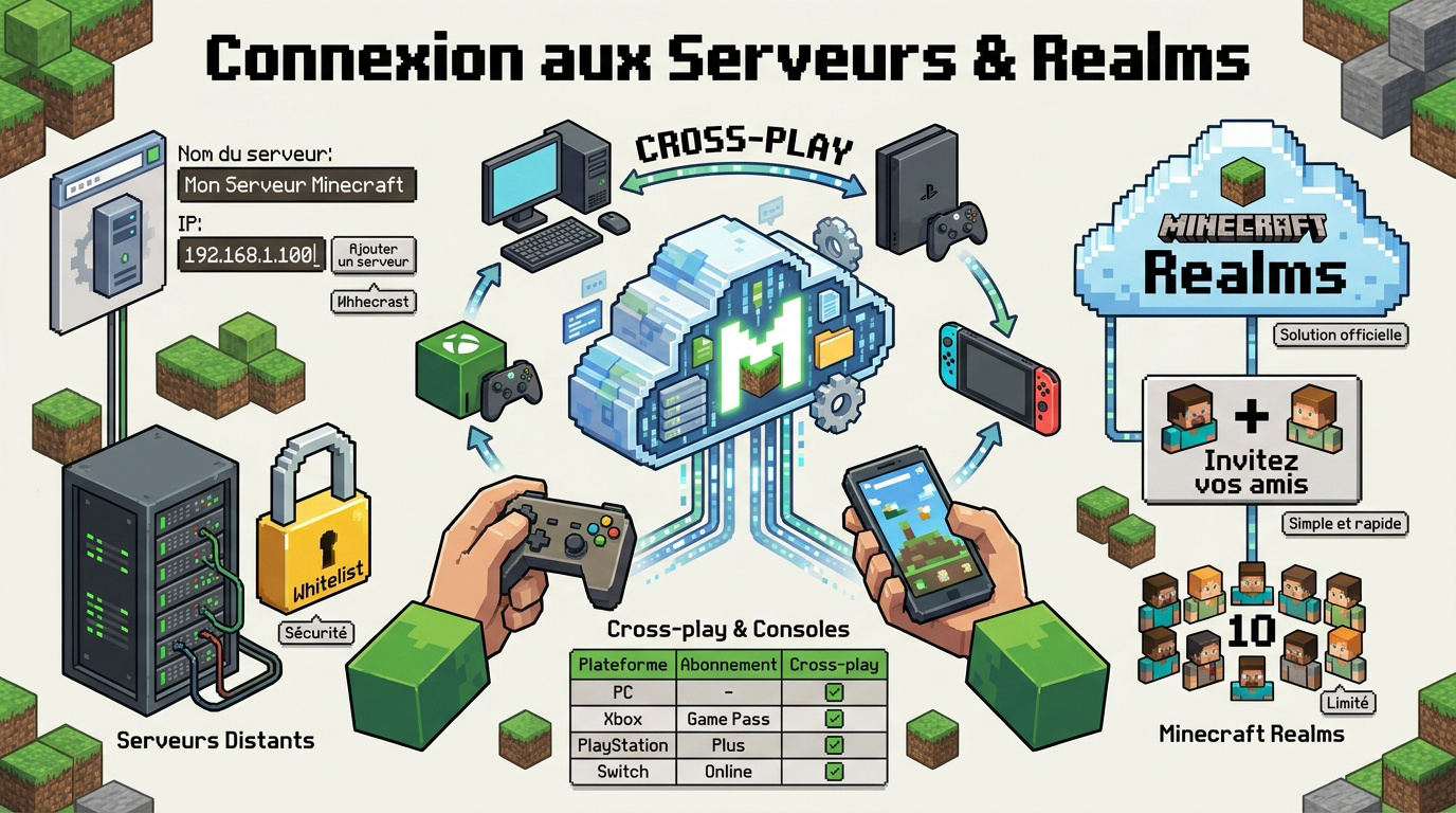 Interface de connexion aux serveurs et au service Realms dans Minecraft