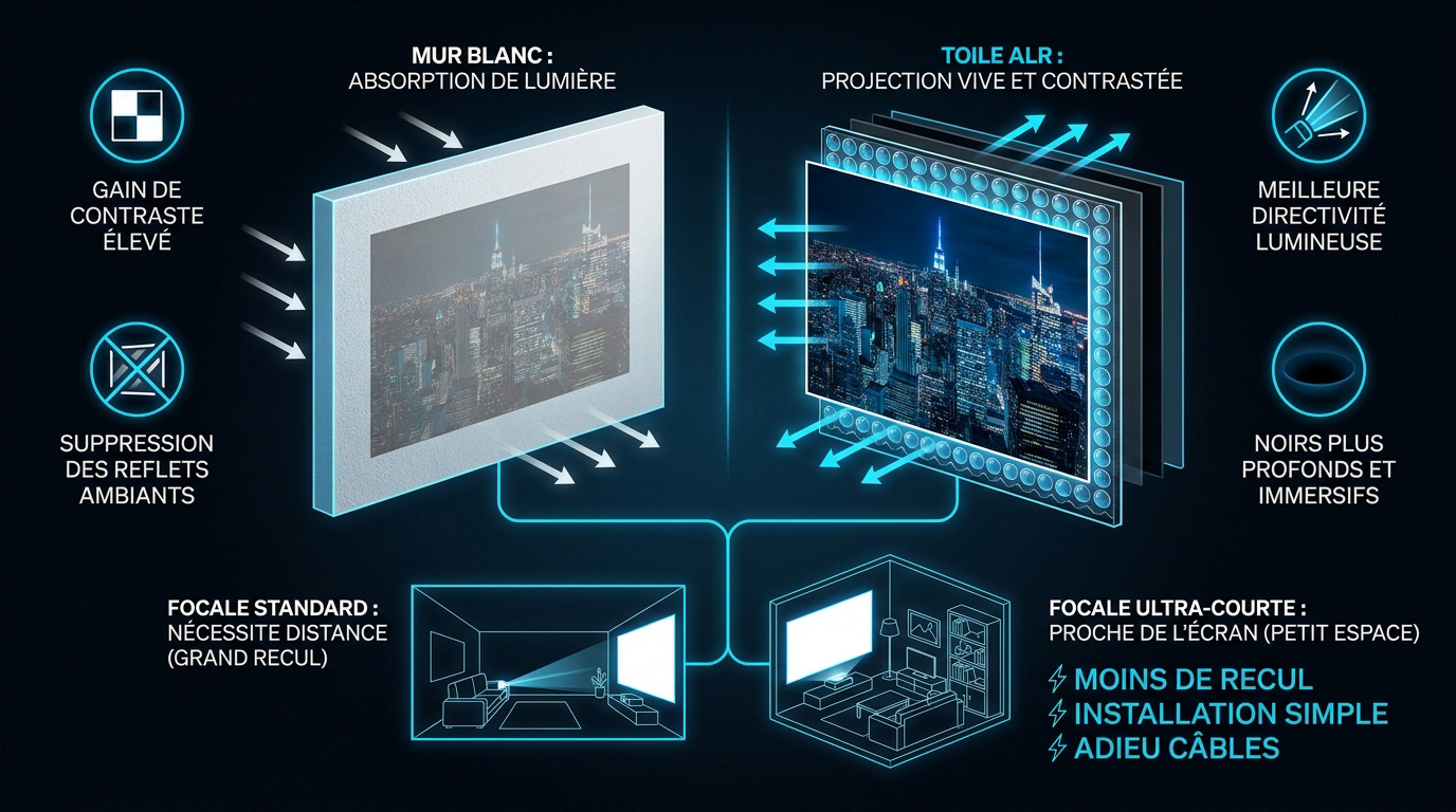 Comparaison entre un mur blanc et une toile de projection technique ALR pour vidéoprojecteur