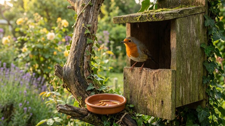 Un rouge-gorge posé sur un nichoir en bois près d'une coupelle de vers à farine dans un jardin fleuri.