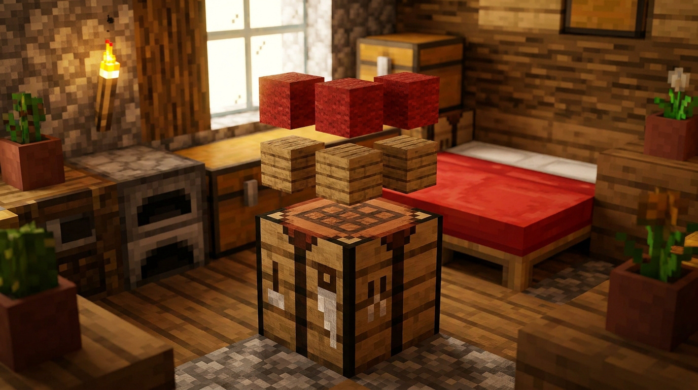 Schéma de fabrication d'un lit Minecraft avec laine rouge et planches de bois sur une table de craft.
