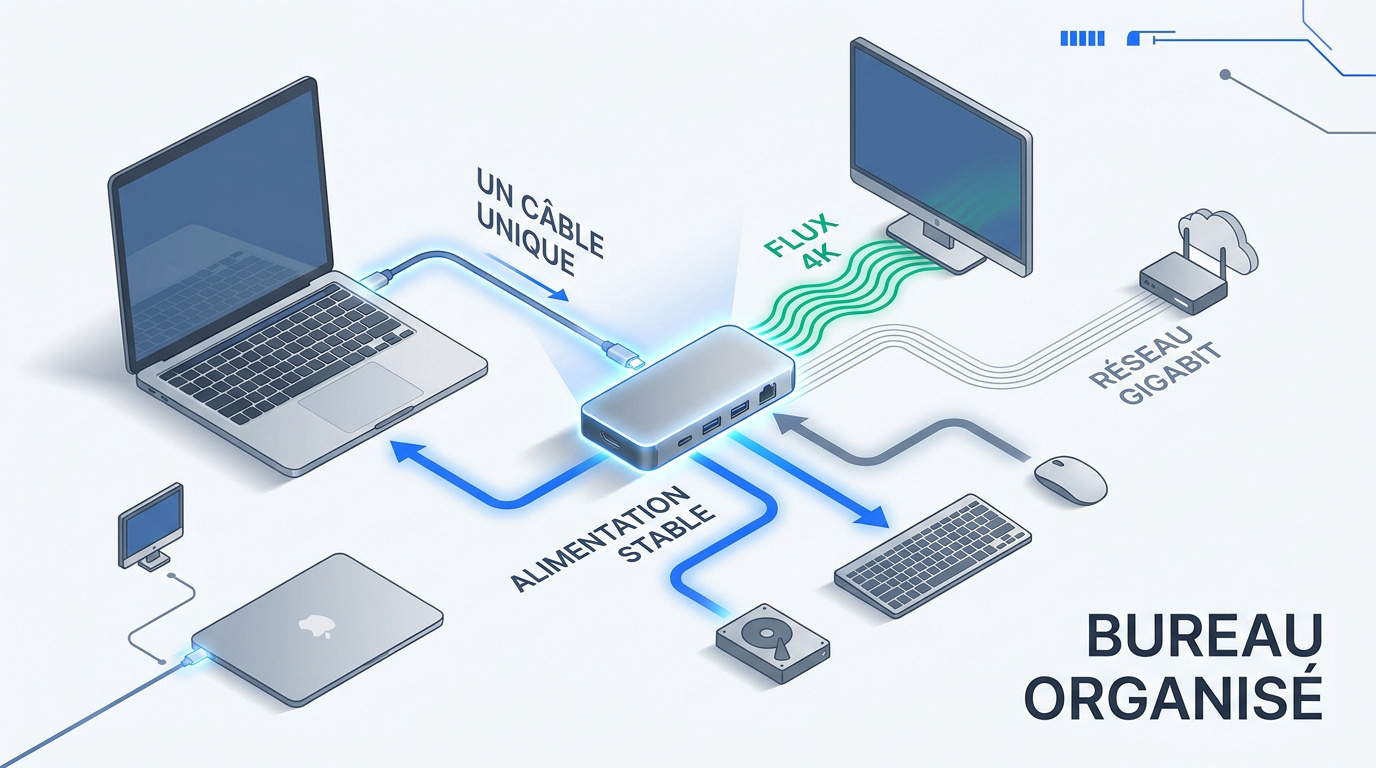 Station d'accueil USB-C connectée à plusieurs écrans et périphériques sur un bureau organisé