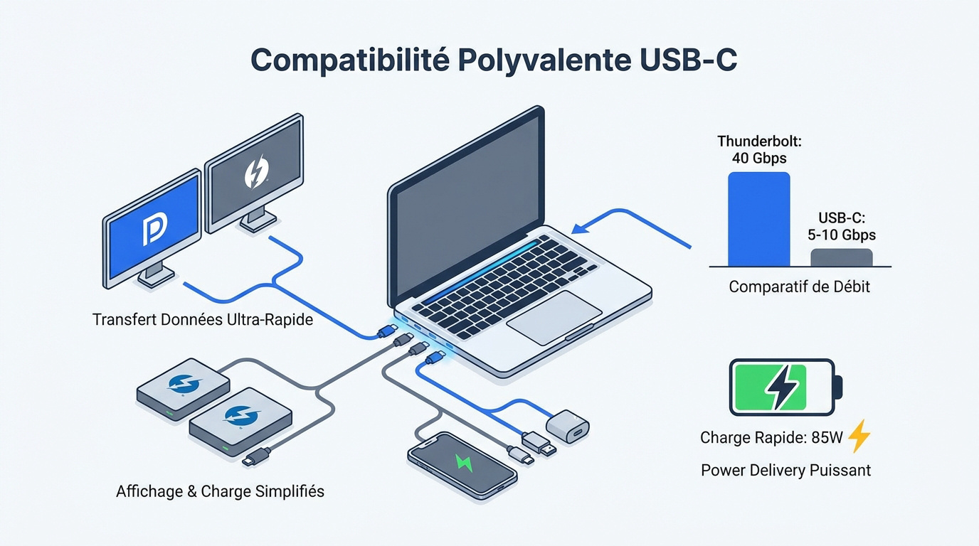 Station d'accueil USB-C connectée à un ordinateur portable avec plusieurs périphériques