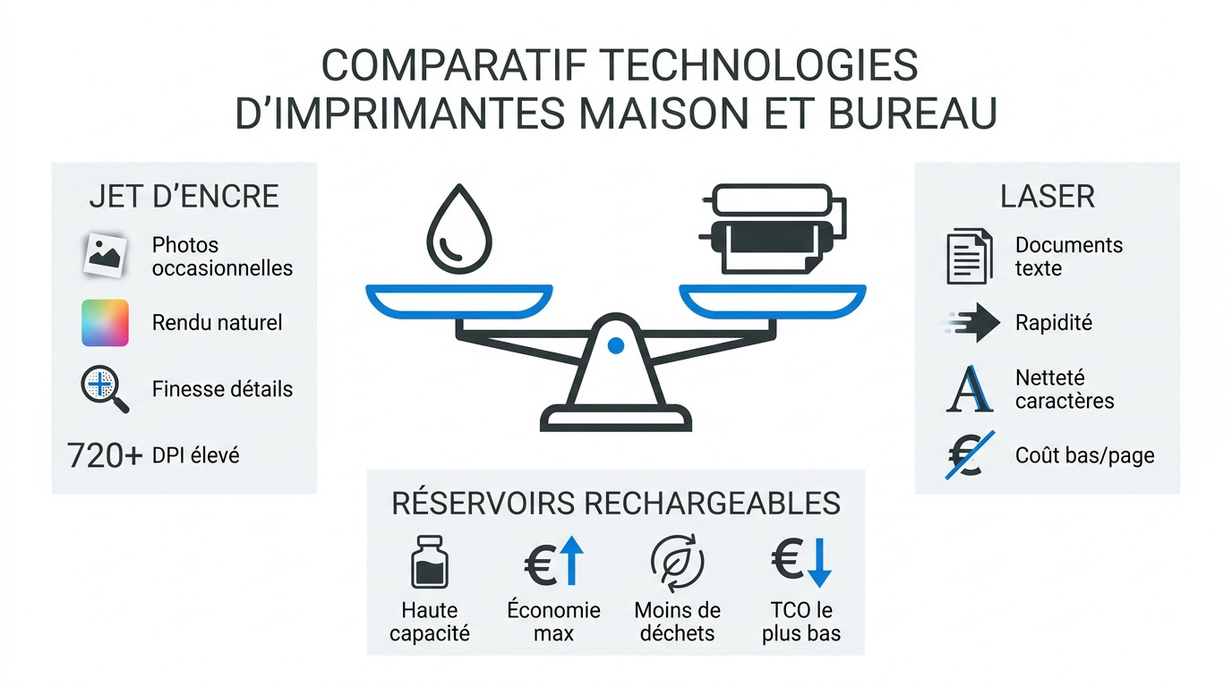 Comparaison visuelle entre les technologies d'impression jet d'encre et laser pour le bureau