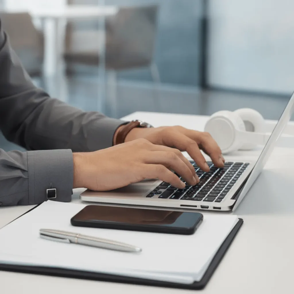 Professionnel utilisant PC portable premium pour usage intensif avec accessoires de travail en entreprise