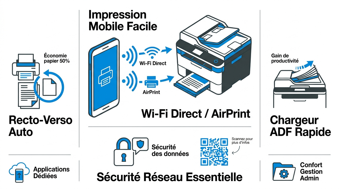 Infographie sur les avantages de l'impression mobile et des fonctions de productivité comme l'ADF